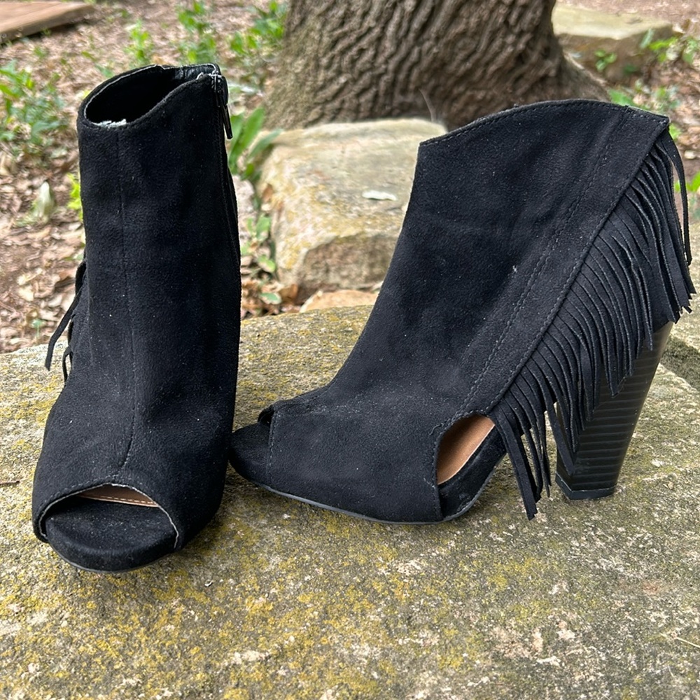Qupid Black Fringe Booties
